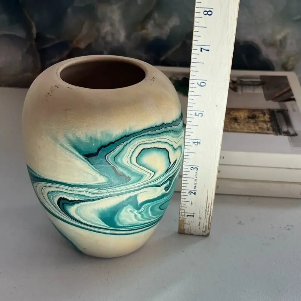 Nemadji Vase Pottery 6.5 x 5 in Round Ivory & Blue Swirl Hand Painted